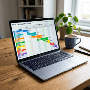 Laptop screen showing a colorful Gantt chart for project Alpha Launch with tasks scheduled from July to December 2024