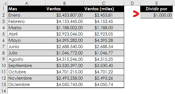 dividir por un numero en excel