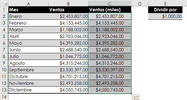 dividir por una constante en excel