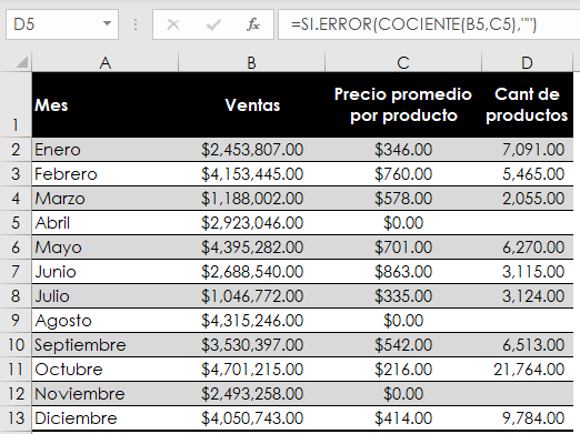 funcion sierror en una division en excel