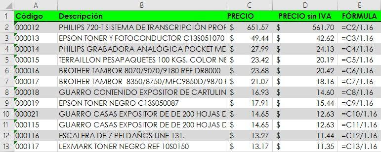 precio sin iva en excel